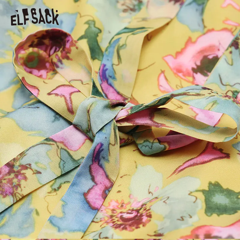 ELFSACK женские Платья с цветочным принтом, осень, модное женское праздничное платье с v-образным вырезом и рукавом-бабочкой, винтажное элегантное вечернее платье