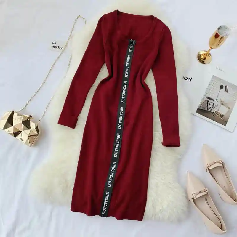 

NiceMix Autumn Winter Ladies Fashion Knitted Sheath Letter Hidden Zip Knee-length Dress Women Slim Tight One-step Middle Dress