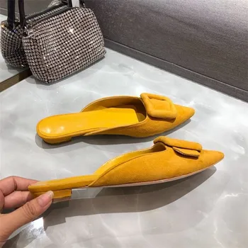 

Suede Leather Slipper Women Square Buckle Women Slippers Fashion Designer Runway Shoes Woman Pointed Toe Slip On Shoes Women