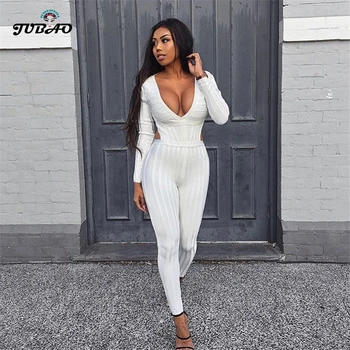 

Bandage umpsuit long sleeve women Open-back white High-waisted V-Neck Classic pencil pants Rayon sexy hot party club A fashion