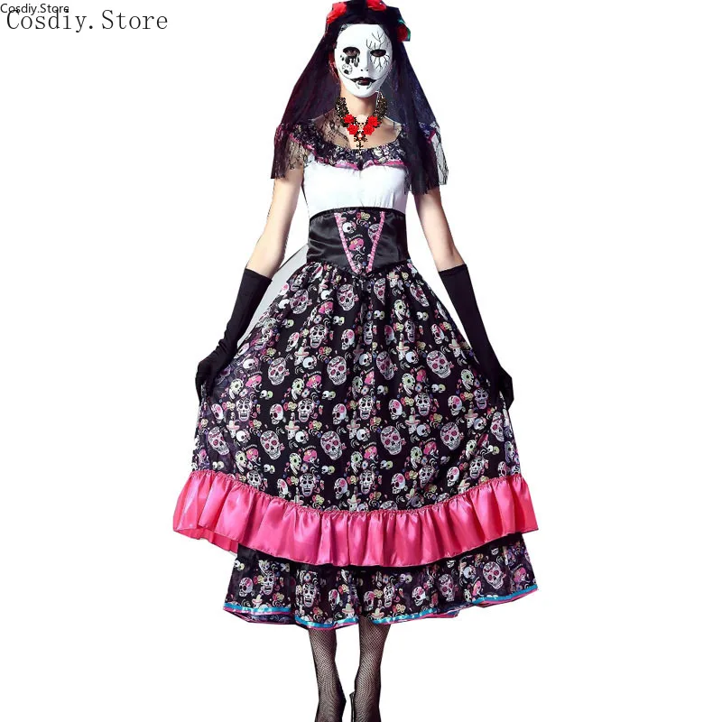 Rose Bone Dress Day Of Dead Walk Dead Costume Halloween Corpse Bride Women Carnival Skull Skeleton Fancy Death Outfit For Adult