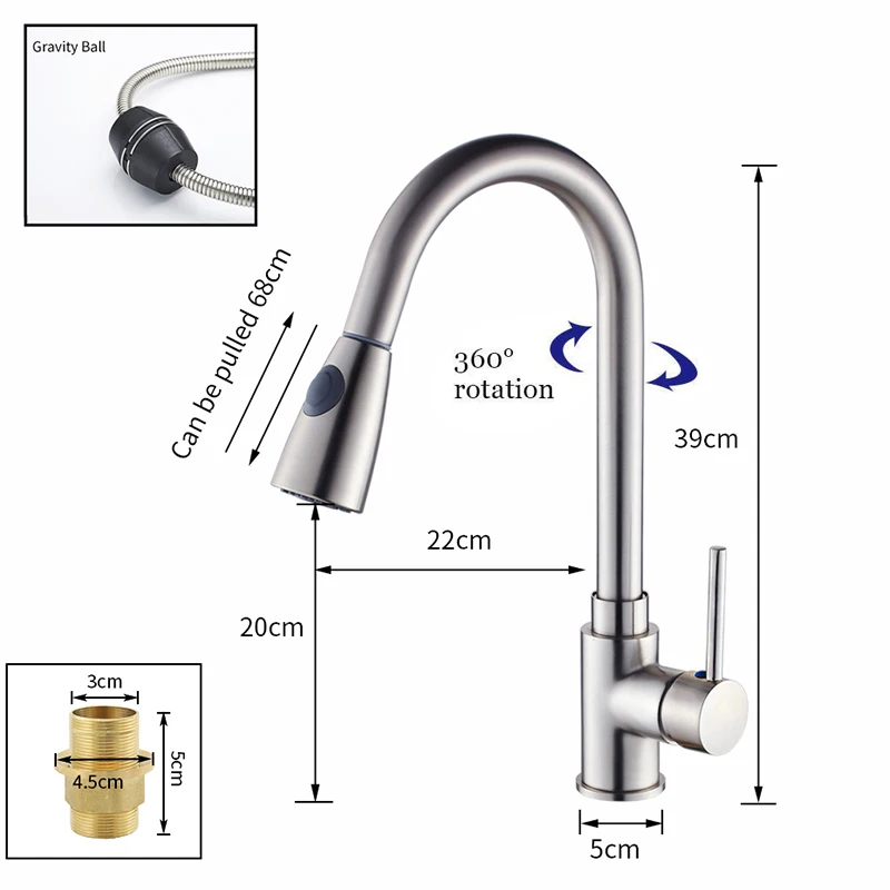  Rantion Kitchen Faucets Silver Single Handle Pull Out Kitchen Tap Single Hole Handle Swivel 360 Deg - 4000127669589