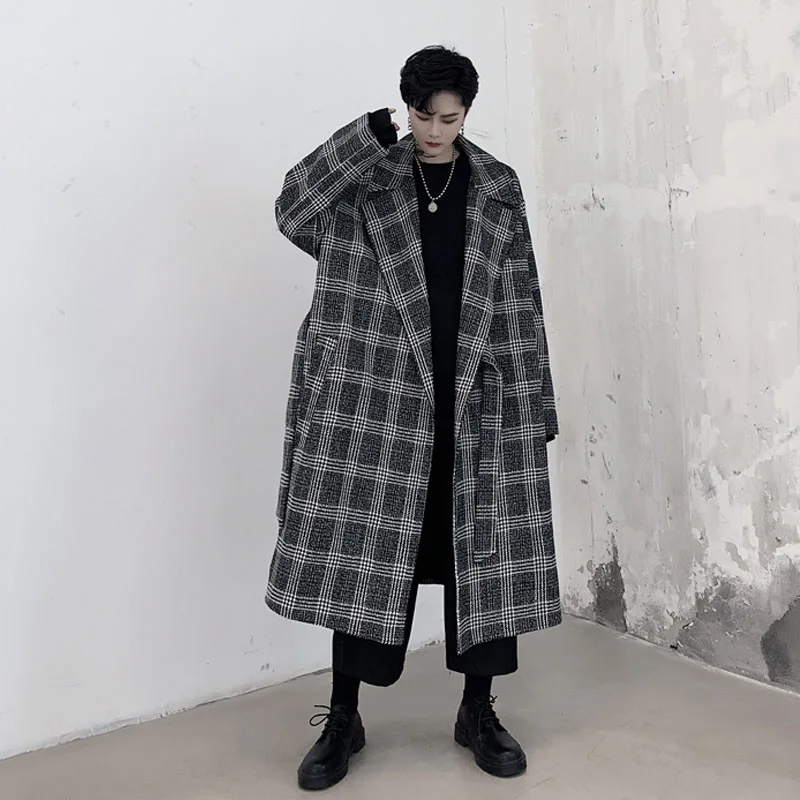 Мужская Уличная одежда в стиле хип хоп винтажная длинная Клетчатая Шерстяная