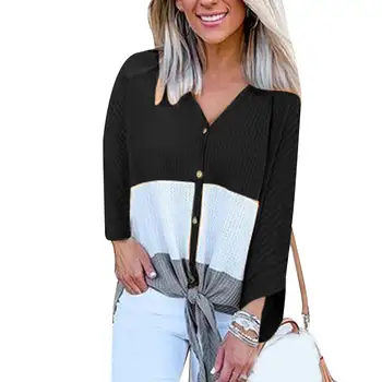 

Women Stitching knitting Sweater V-neck Long Sleeve Casual Loose Tops Shirt JL