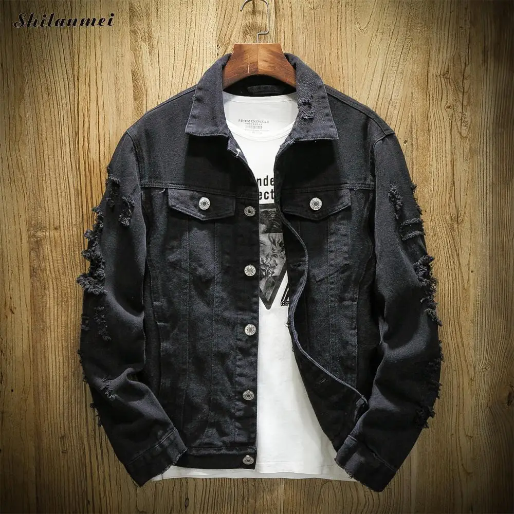 Spring Jeans Jacket Men Ripped Holes Black Mens Denim Jacket Buttons Fashion Streetwear Pockets Casual Male Coat Plus Size 7XL Spring Jeans Jacket Men Ripped Holes Black Mens Denim Jacket Buttons Fashion Streetwear Pockets Casual Male Coat Plus Size 7XL
