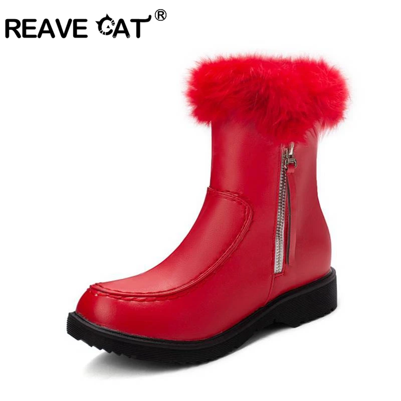 REAVE CAT/женские ботильоны ботинки с круглым носком на платформе с квадратным каблуком теплые зимние ботинки на меху на молнии большой размер 34-43, повседневная обувь