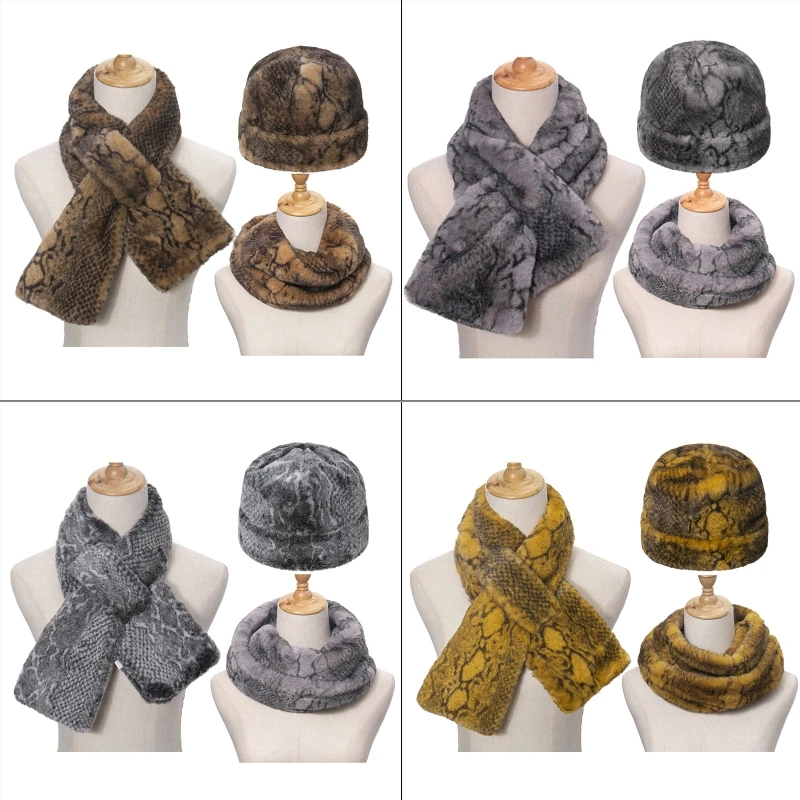 

3Pcs Unisex Snakeskin Print Beanie Hat with Scarf Set Thicken Fuzzy Plush Outdoor Windproof Cuffed Skull Cap Neck Warmer