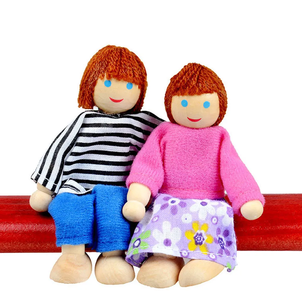 Счастливый кукольный домик Семейные куклы маленькие деревянные игрушки набор 7 человек одеты персонажи Дети Играя кукла подарок Дети ролевые игрушки