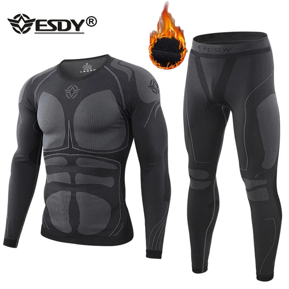 warm long johns ESDY Athletic Thermal Underwear Sets Men Warm Fitness Legging Tight Undershirts Compression Quick Drying Male Thermo Long Johns fleece long johns