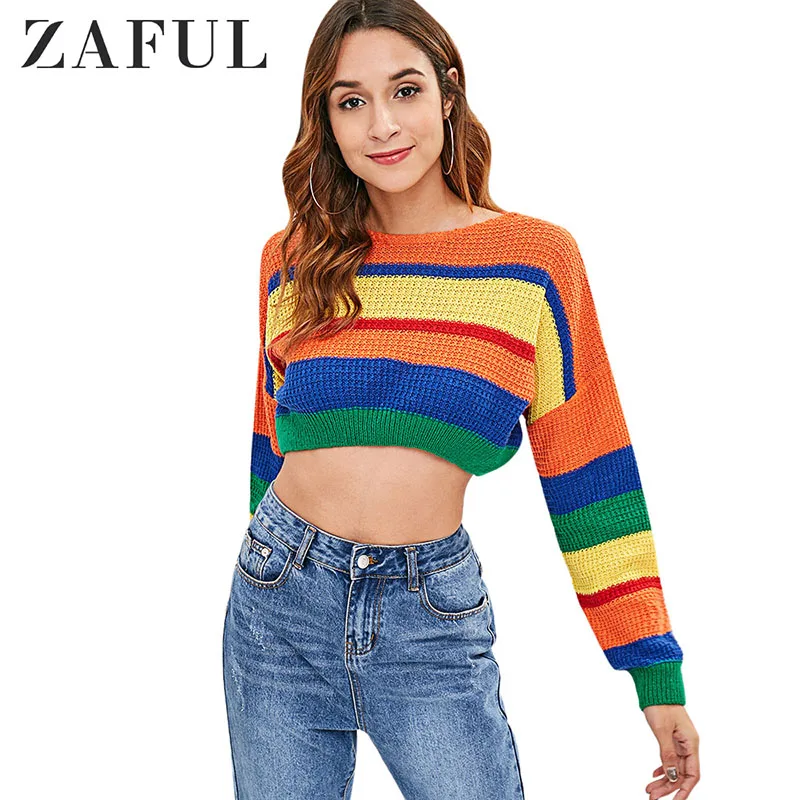 

ZAFUL 2019 New Autumn Women Sweaters Drop Shoulder Color Block Crop Sweater Female Knitted Jumper Fashion Striped Pullovers