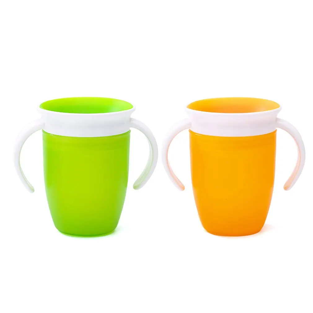 Orange and Green 2 шт., 360 градусов, можно поворачивать, Волшебная чашка, Детская обучающая Питьевая чашка с двойной ручкой, герметичная чашка для бутылок - Цвет: Orange and Green