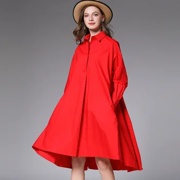 

Spring Large Size Red Casual Dress Solid Turn Down Collar Irregular Hem Loose Medium Knee Length Shirt Dress Women
