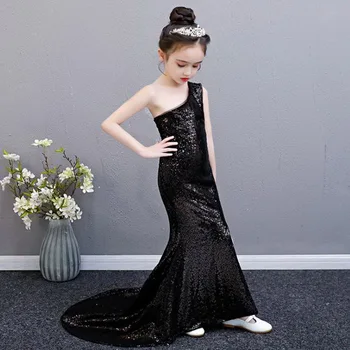 

Flower Girl Party Dress 2020 New Style One Shoulder Black Sequin Girls Tuxedo for Piano Performance GY003