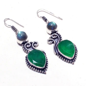 

Genuine Emerald + Labradorite Silver Overlay on Copper Earrings , Hand made Women Jewelry Gift, E5441