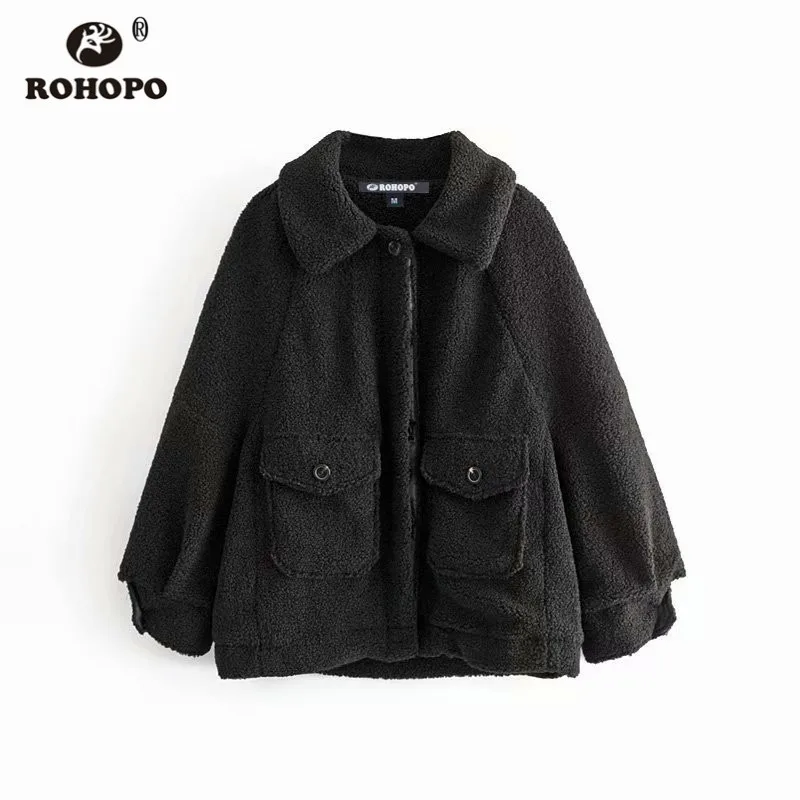 ROHOPO Faux Fur Turn Down Collar Puff Long Sleeve Black Jacket Coat Covered Buttons Fly Side Flaps Welted Pocket Outwear#9502 - Цвет: Черный