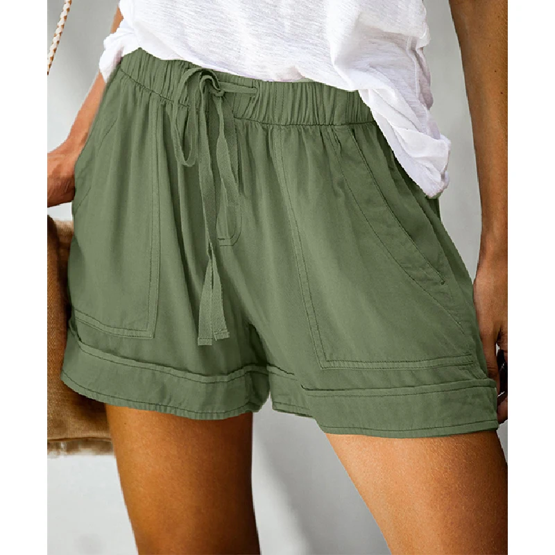 Summer Loose Short Pants Women Clothing Shorts Plus Size High Waist Lace-up Bottom Outdoor Wear Black Pink Lady Pockets Shorts