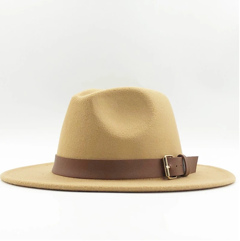 Beige Новая женская и Мужская шерстяная шляпа Fedora с кожаная лента джентльмен элегантный Леди Зима Осень широкий джазования с полями церкви Панама сомбреро - Цвет: Beige