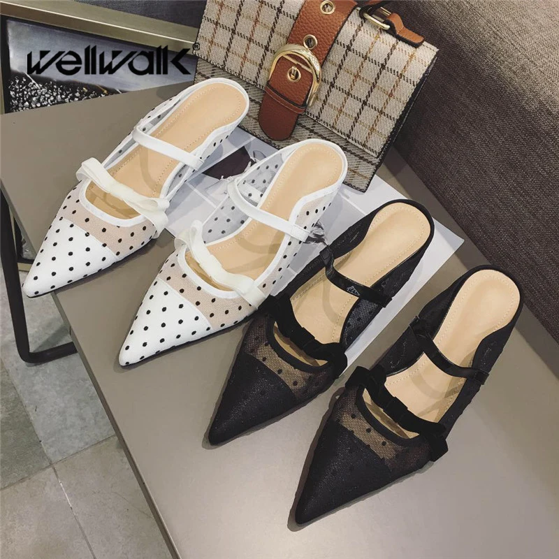Туфли Wellwalk женские классические шлепанцы на каблуке кружевные заостренный носок