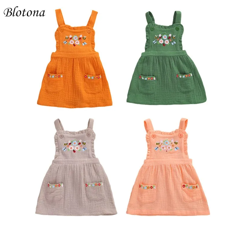 

Blotona Summer Dress Kids Baby Girls Square Collar Suspenders Dress Floral Print Cotton Linen Knee Length A-Line Sundress 6M-4Y