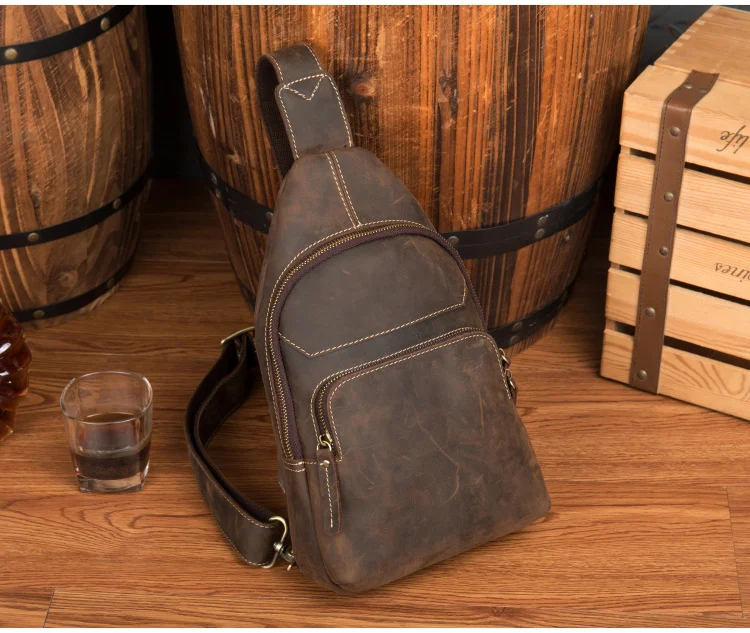 New Top Quality Mens Genuine Real Leather Cowhide vintage Wait Chest Pack Bag Sling Crossbody Bag Daypack