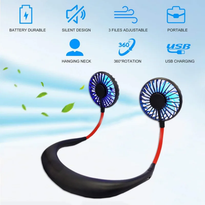 USB Rechargeable Wearable Portable Hand-Free Neckband Fan With 7 Colors LED Light Personal Cooling Fan For Home Office Travel Ou