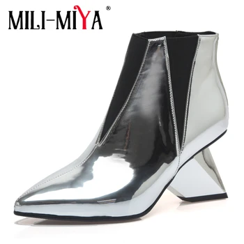 

MILI-MIYA Fashion Strange Heels Women Patent Leather Ankle Boots Pointed Toe Slip-On Spring Autumn Shoes For Ladies Size 34-39