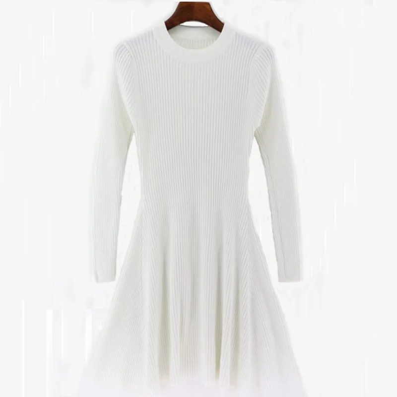 Женское платье-свитер с длинным рукавом, женское Повседневное платье с асимметричным подолом, Осень-зима, женское мини-трикотажное платье с круглым вырезом - Цвет: Белый