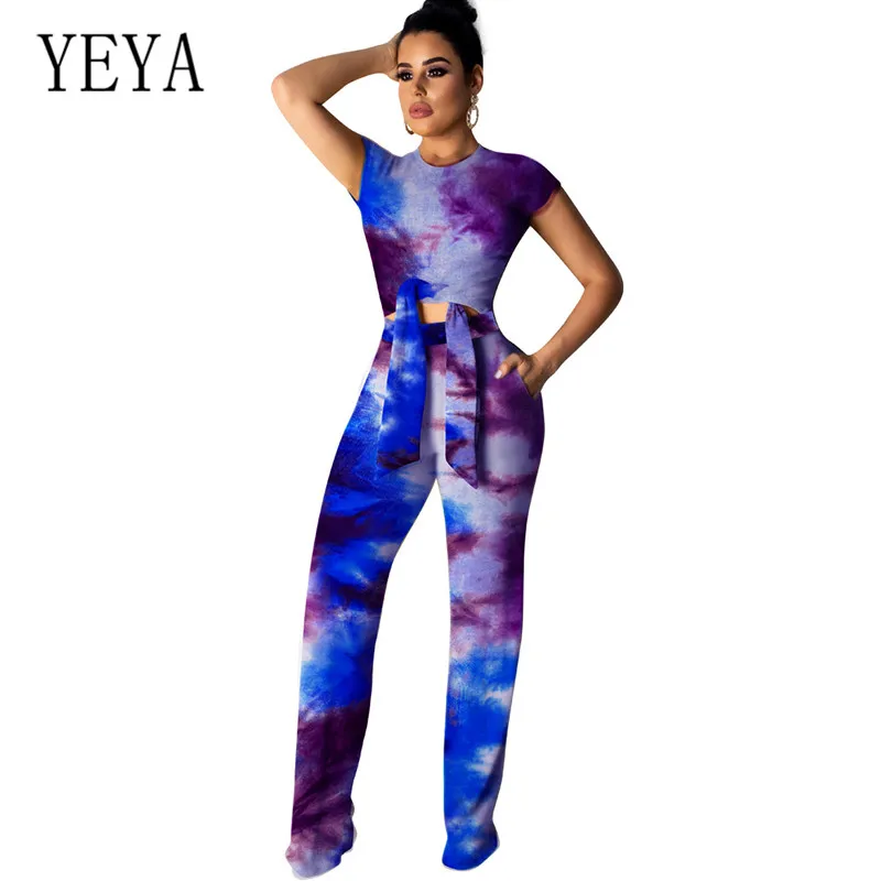 

YEYA High-elastic Printed Wide Leg Jumpsuits Summer 2 Pieces Sets Short Sleeve Tie-up Retro Hollow Out Playsuit Stylish Overalls