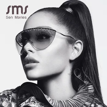

Oversized Rimless Sunglasses Women Luxury Rhinestone Sunglasses Unique Curved Legs Vintage One Piece Clear Lens Crystal Glasses