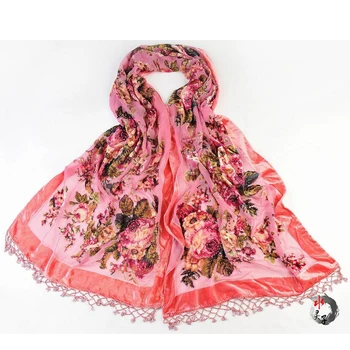

Novelty New Chinese Women's Velvet Silk Handmade Beaded Embroider Flower Scarves Shawl Scarf Wrap Long Fringle Pashmina 011205