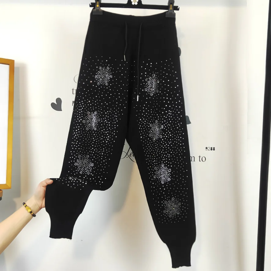 

Повседневные тяжелые бриллиантовые Трикотажные Узкие брюки-султанки в полоску с эластичным поясом длинные брюки