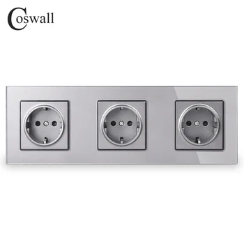 

COSWALL Crystal Tempered Glass Panel 3 Gang Power Wall Socket Grounded 16A EU Standard Grey Electrical Triple Outlet