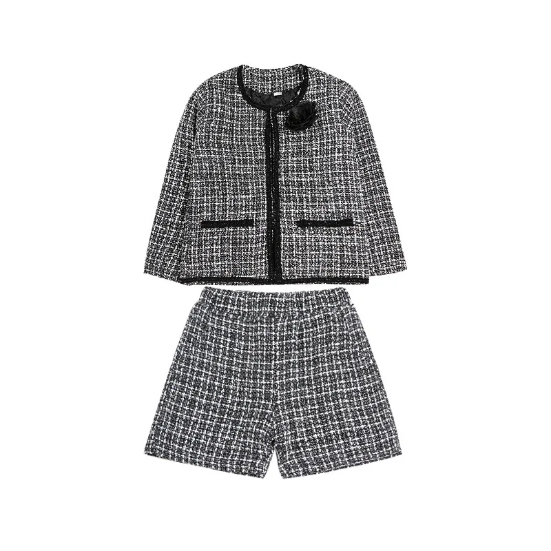 

2019 Girls Winter Clothing Set Long-sleeved Plaid Cardigan + Shorts Suit Blazer Clothes Set Kids Children Coat Skirt Set Autumn