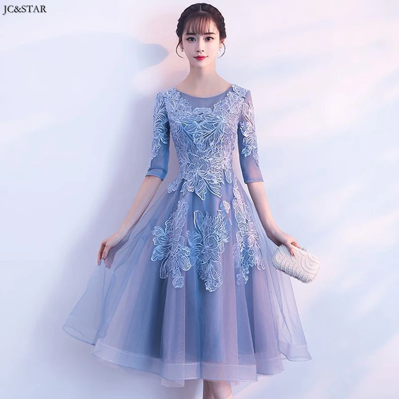 Vestidos de fiesta largos elegantes de gala boda Черпак шеи Кружева Половина рукава линия Серебряный Розовый пыльно-синий платье подружки невесты