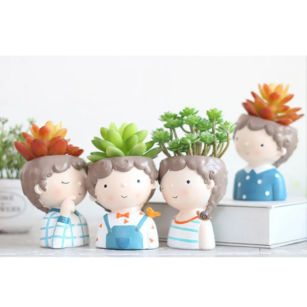Resin Cute Girl and Boy Succulent Planter Bonsai Pot Flowerpot Home Décor