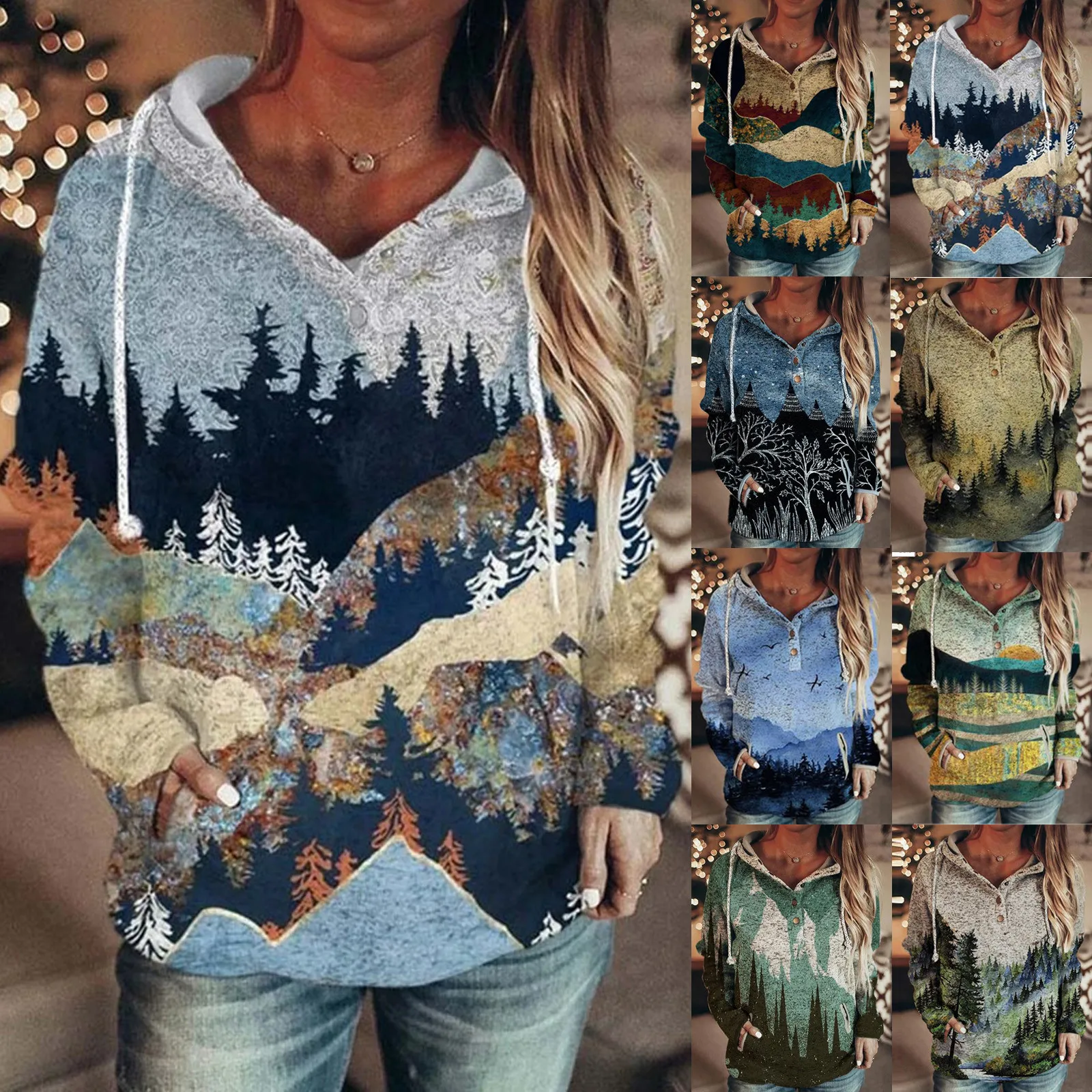 

New Fashion Women Buttons Collar Mountain Peak Print Hooded Sweatshirt Pullover Top charli damelio Landscape printing unique F4