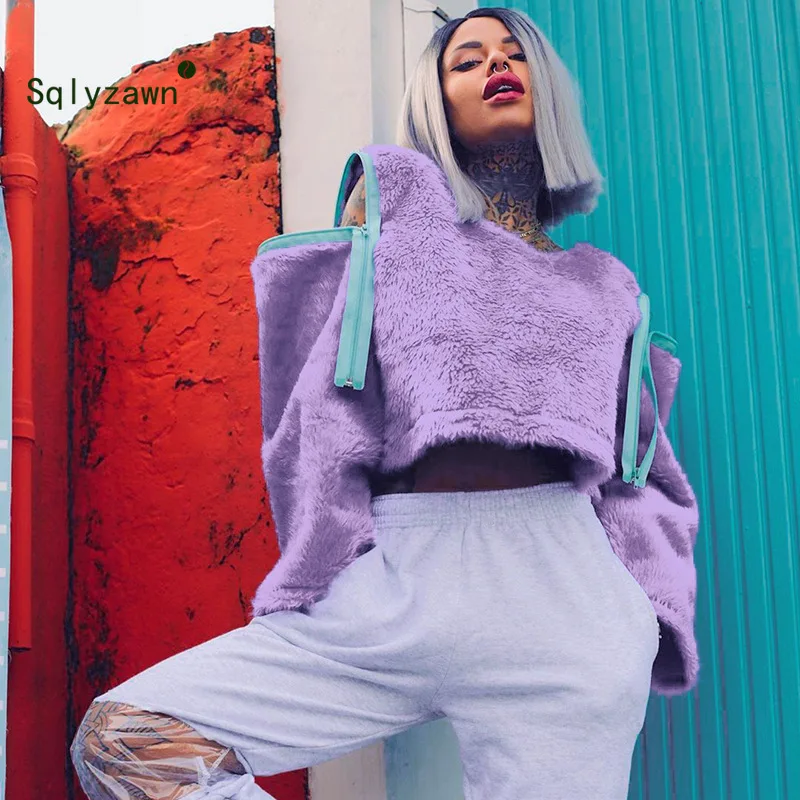 

2019 Zipper Patchwork Sleeve Fake Rabbit Fur Sweatshirt Autumn Winter Soft Fluffy Plush Pullover Top Hip Hop Streetwear Hoodies