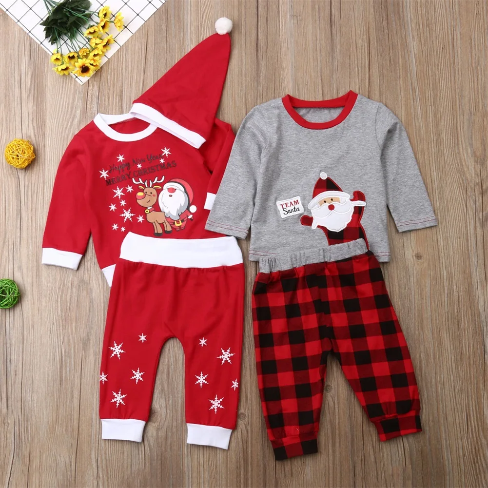 Рождественская Одежда для новорожденных мальчиков и девочек 0-18 месяцев Рождественская футболка с длинными рукавами с изображением Санта-Клауса и оленя леггинсы, штаны, одежда для детей 0-18 месяцев