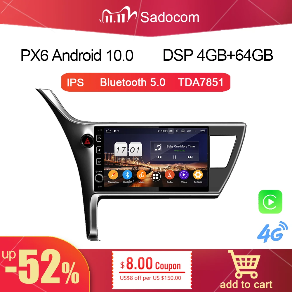 DSP PX6 Android 11.0 4GB+64G + 8CORE Car DVD Player Wifi car radio 5.0 RADIO GPS map For Toyota Corolla Innova Crysta 2016-2018 |