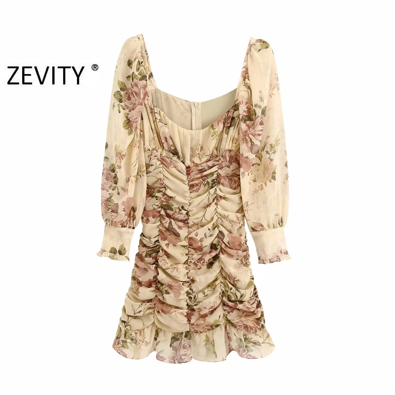 Zevity New women vintage square collar flower print pleated slim dress chic lady puff sleeve vestidos hem ruffles dresses DS4173 Zevity New women vintage square collar flower print pleated slim dress chic lady puff sleeve vestidos hem ruffles dresses DS4173