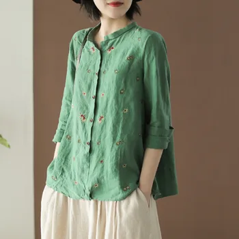 

[EWQ] 2020 Spring Autumn New Pattern Stand Collar Long Sleeve Embroidery Print Single Breasted Vintage T-shirt Women AK49712