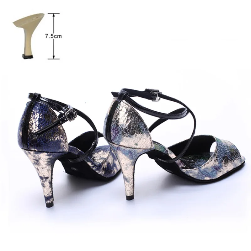blue 7.5cm indoor Женские туфли для латинских танцев 10/8, 5/7, 5, 6 см, с принтом, из PU искусственной кожи, на высоком каблуке, с мягкой подошвой, бальные туфли для танго - Цвет: blue 7.5cm indoor