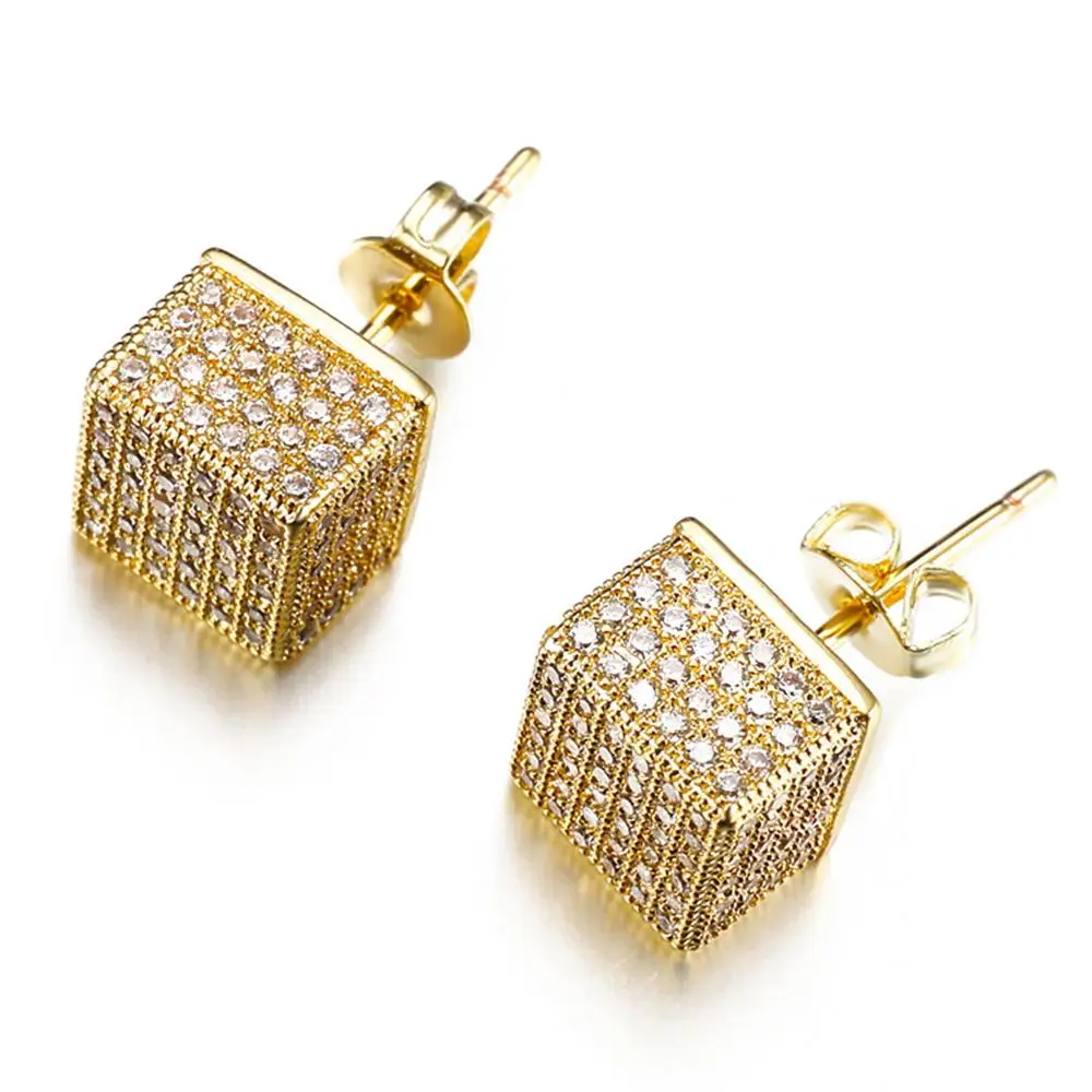 Fashion Gold Color 3D Square Stud Earrings Women Micro Pave Iced Out Jewelry Trendy Crystal Trending Earring Gift For Gf