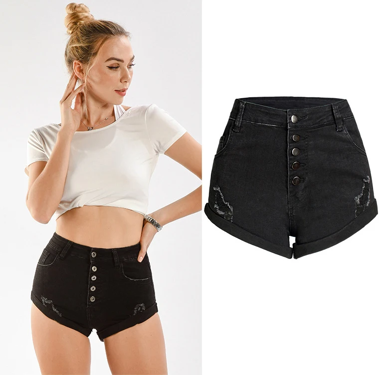 Womens Summer Black Elastic Denim Shorts Trendy Curling Single Breasted High Waist Jeans Female Wild Fasion Mini Shorts D495
