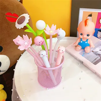 

48pcs/lot black ink creative cartoon flower peach sunflower students gel pen water ink signing pen school office stationery