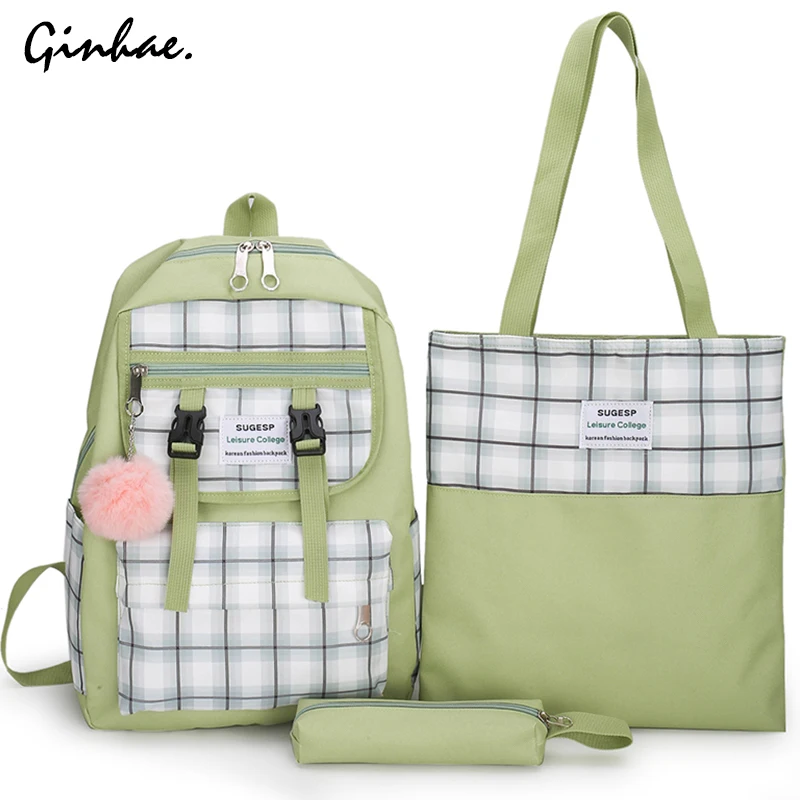 

3 Pcs/set Women Canvas Laptop Backpacks For School Teenagers Girls Preppy Style Plaid Shoulder Bag Casual Student Travel Bags