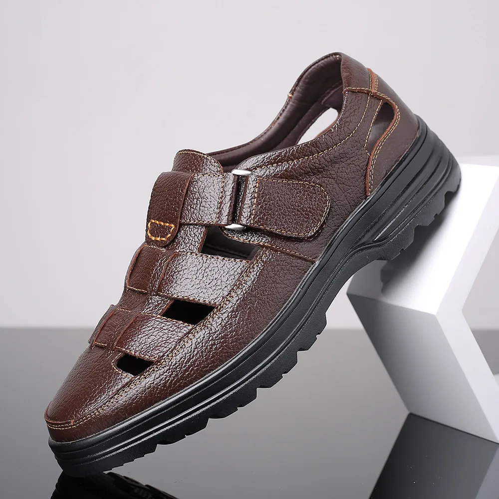 

2019 Spring Summer New Style Genuine Leather Casual MEN'S Sandals Velcro Breathable Flat Heel Closed-toe MEN'S SHOES