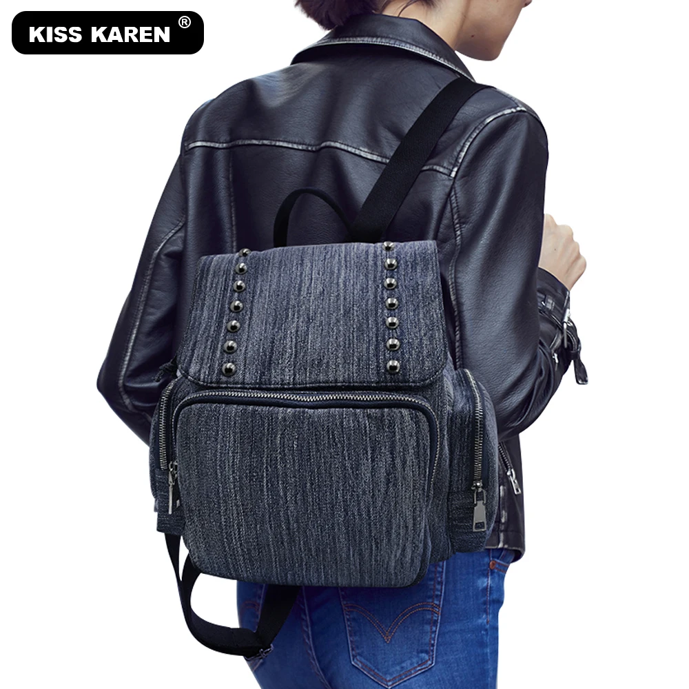 

Jeans Fashion Women's Backpacks Travel Denim Backpacks Bag with Rivets School Teenager's Casual Day-packs Drawstring Backpacks