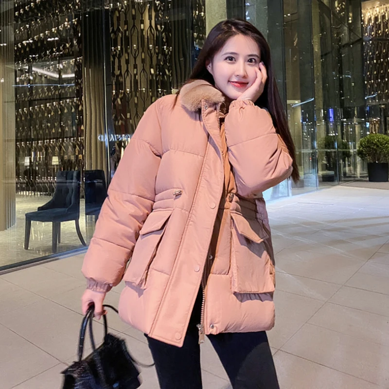 

2020 Winter Korean Down Cotton Bread Coat Thick Outerwear Women's Drawstring Waist Faux Rabbit Fur Lapel Warm Jackets Female