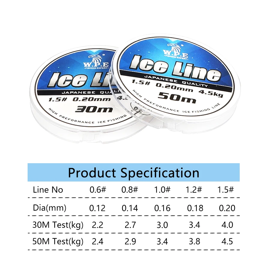 W. P. E леска для подледной рыбалки 30 м/50 м нейлоновая леска 2,2 кг-4,5 кг 0,12 мм-0,20 мм японский материал прочная Моноволокно Тонущая леска